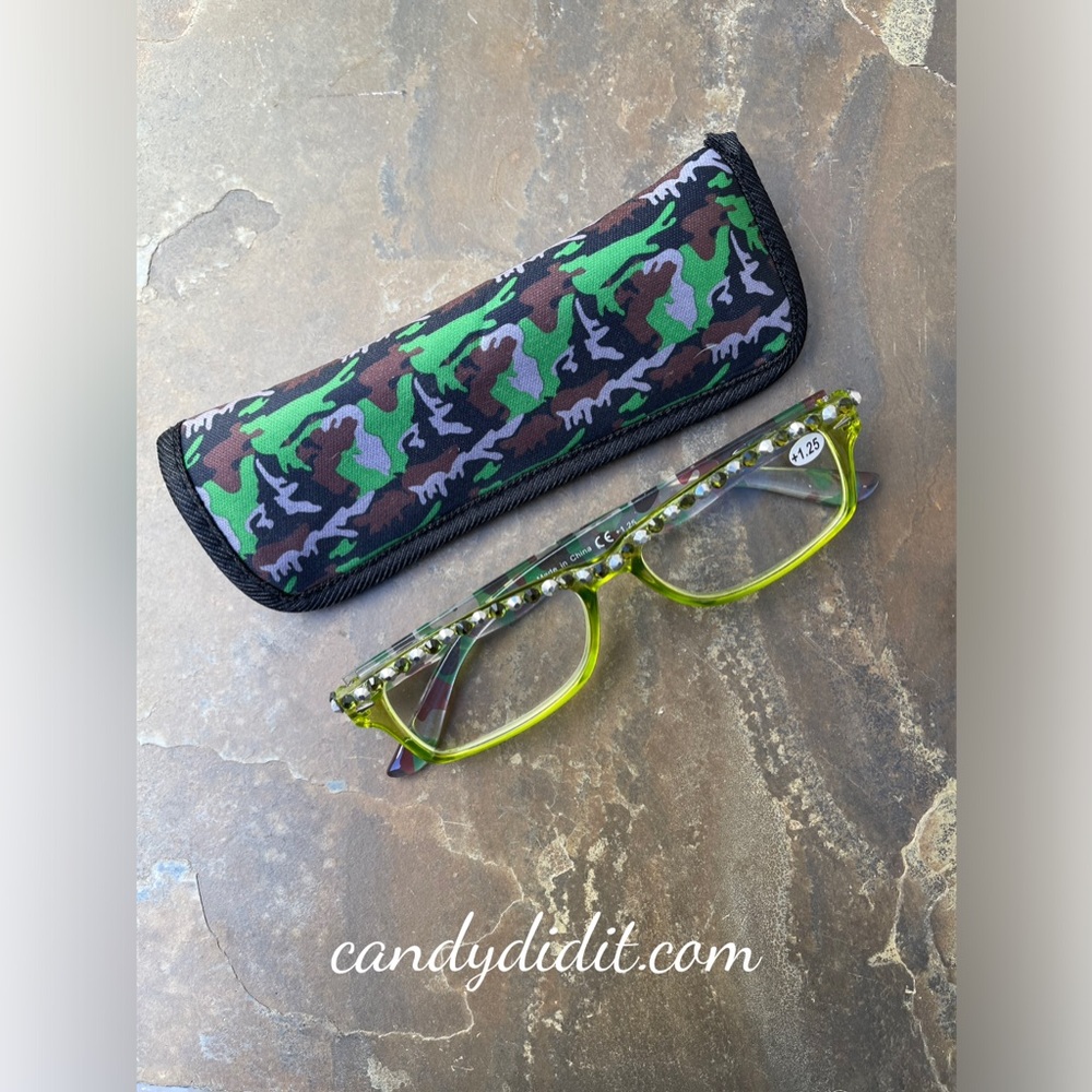 Translucent Chartreuse Camo W/Chartreuse Crystals Bling Reader Glasses With Case